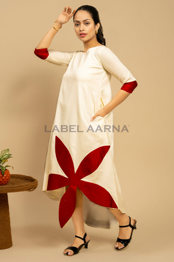Off White Cotton Silk Asymmetric A-Line Dress