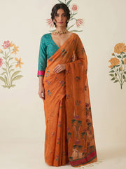 Tangerine Woven Jamdhani Cotton Saree | Braj Collection