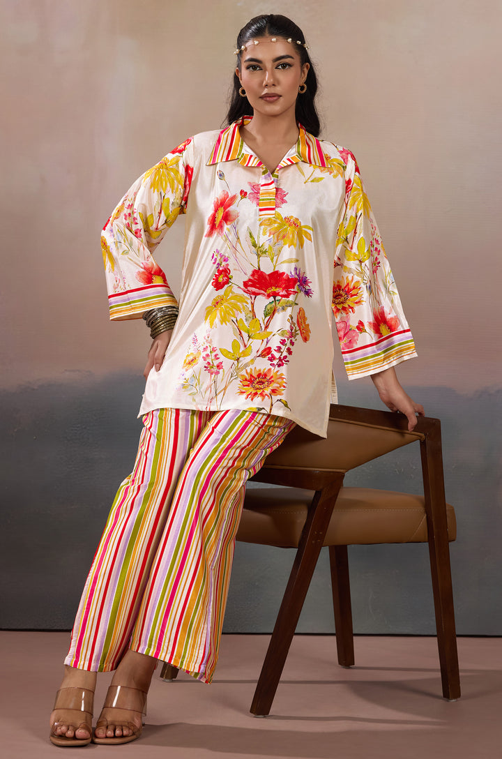 Blossom Breeze Silk Crepe Women Co-ord Set with Digital Print | Top and Bottom