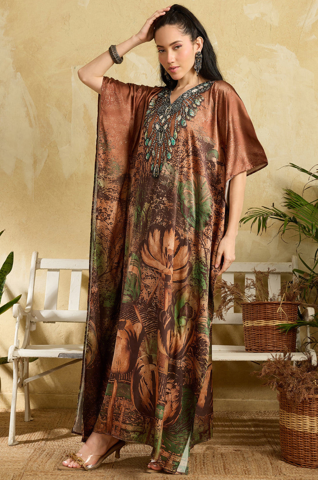 Antique Rose Soft Satin Women Kaftan Dress with Rhinestone | Digital Print