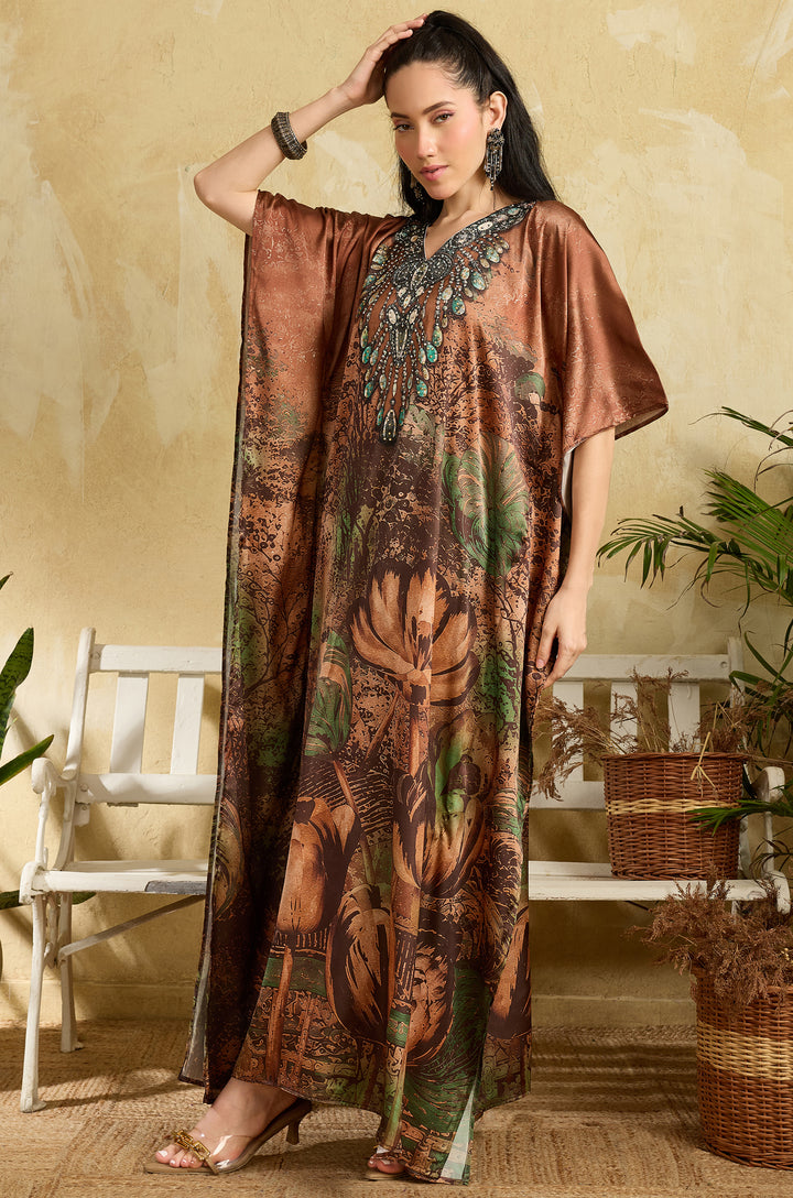 Antique Rose Soft Satin Women Kaftan Dress with Rhinestone | Digital Print