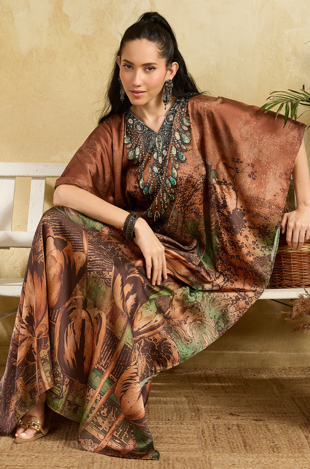 Antique Rose Soft Satin Women Kaftan Dress with Rhinestone | Digital Print