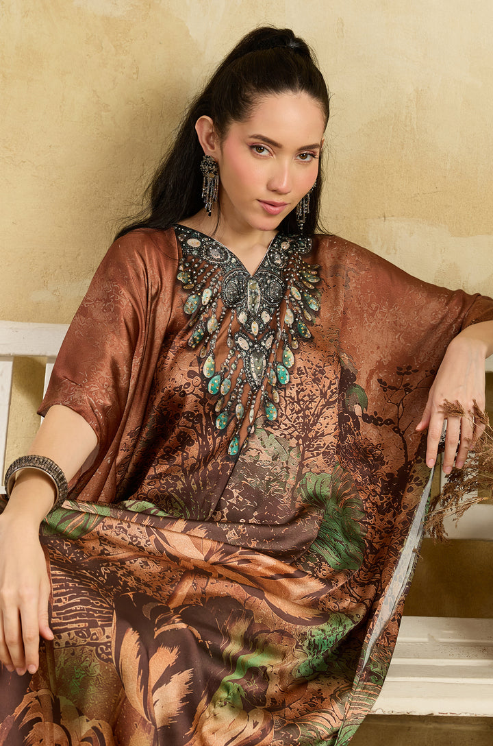 Antique Rose Soft Satin Women Kaftan Dress with Rhinestone | Digital Print