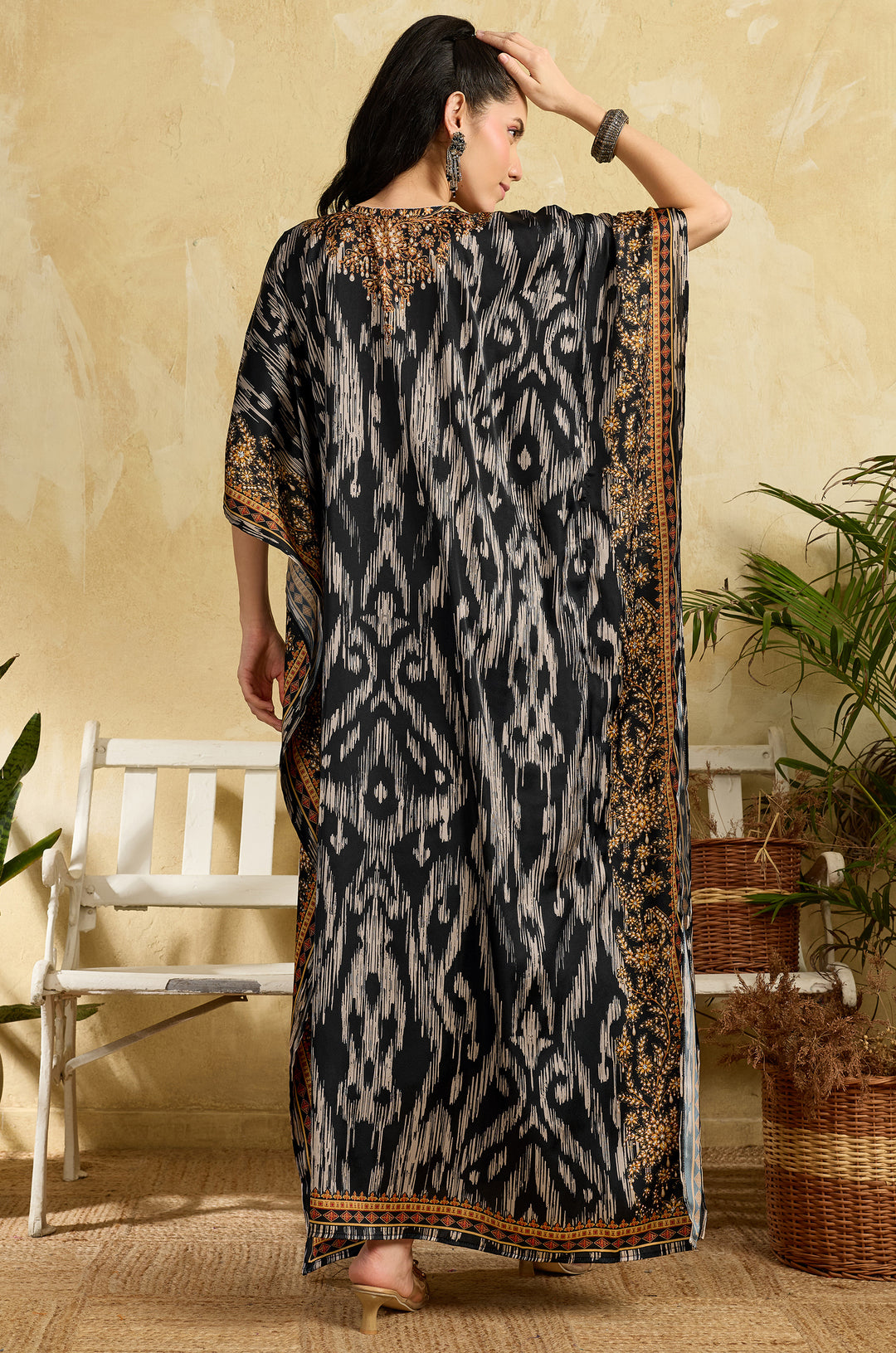 Ikat Raga Soft Satin Women Kaftan Dress with Rhinestone | Digital Print
