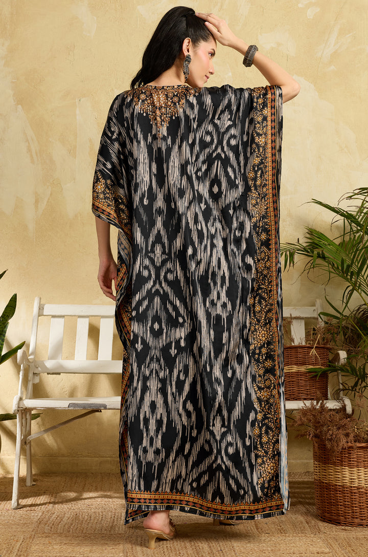 Ikat Raga Soft Satin Women Kaftan Dress with Rhinestone | Digital Print
