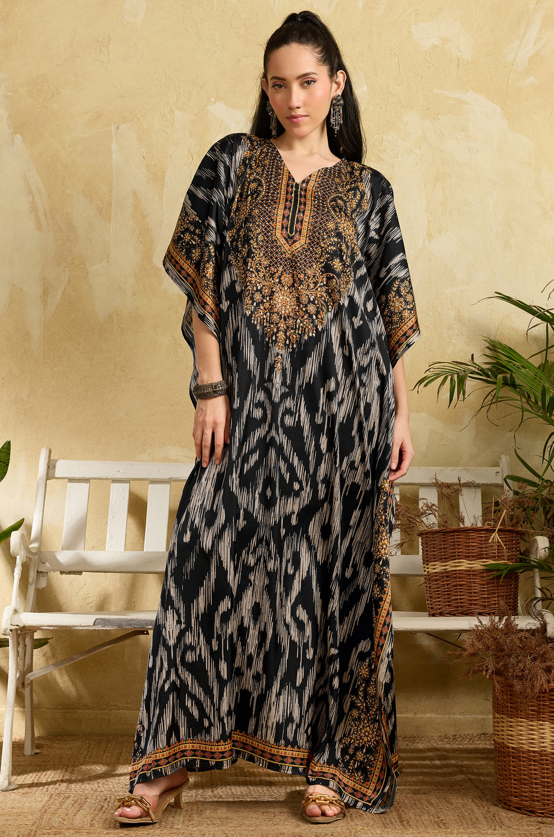 Ikat Raga Soft Satin Women Kaftan Dress with Rhinestone | Digital Print