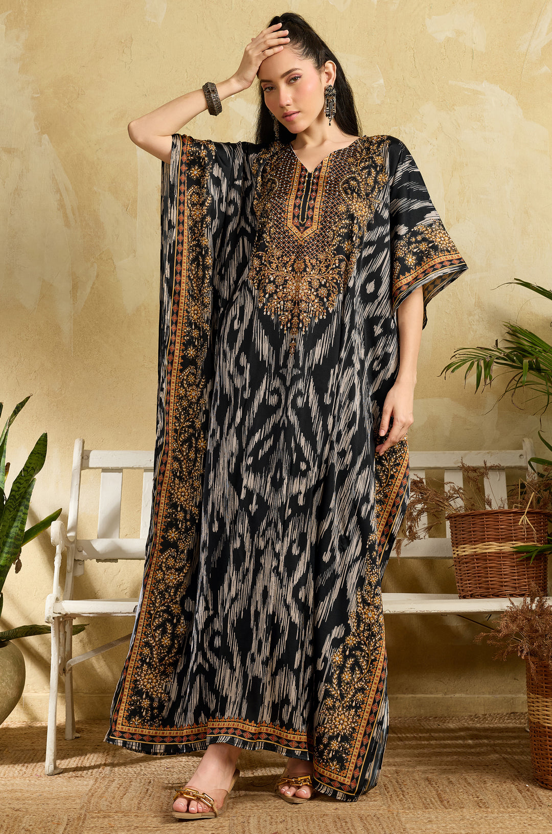 Ikat Raga Soft Satin Women Kaftan Dress with Rhinestone | Digital Print