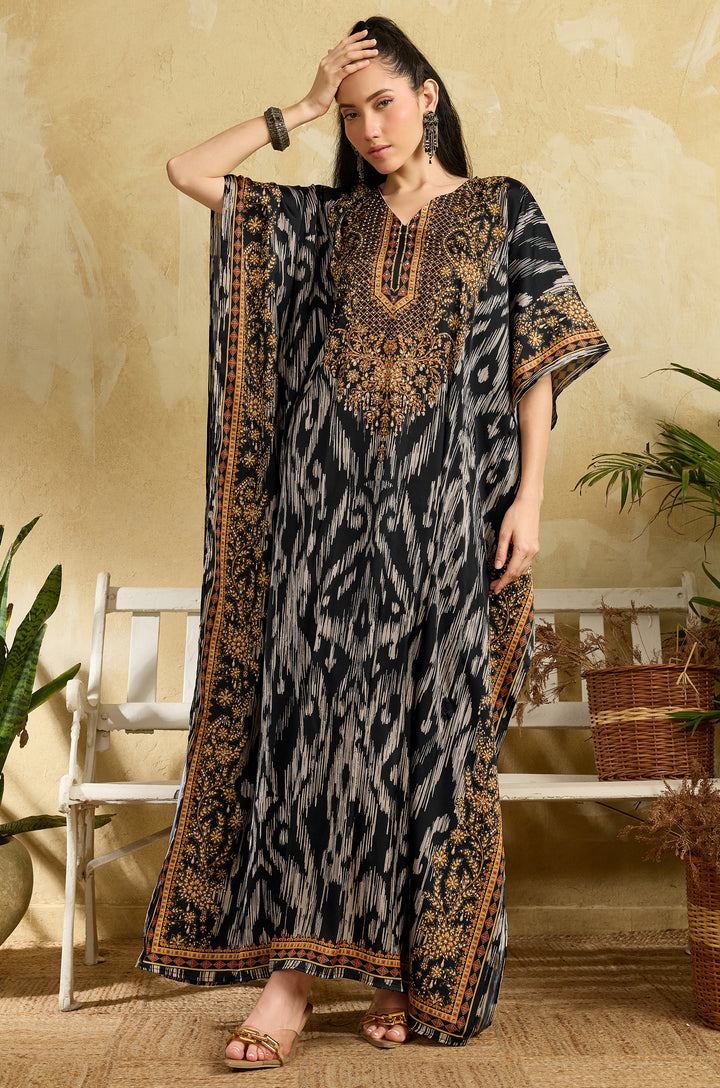 Ikat Raga Soft Satin Women Kaftan Dress with Rhinestone | Digital Print