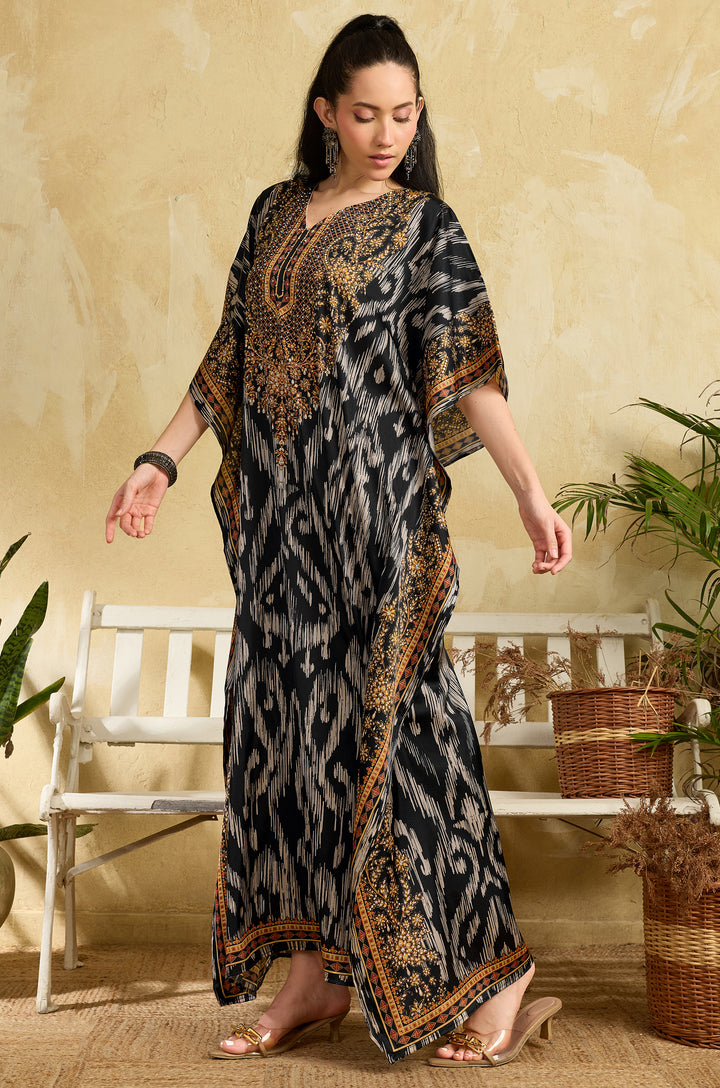 Ikat Raga Soft Satin Women Kaftan Dress with Rhinestone | Digital Print