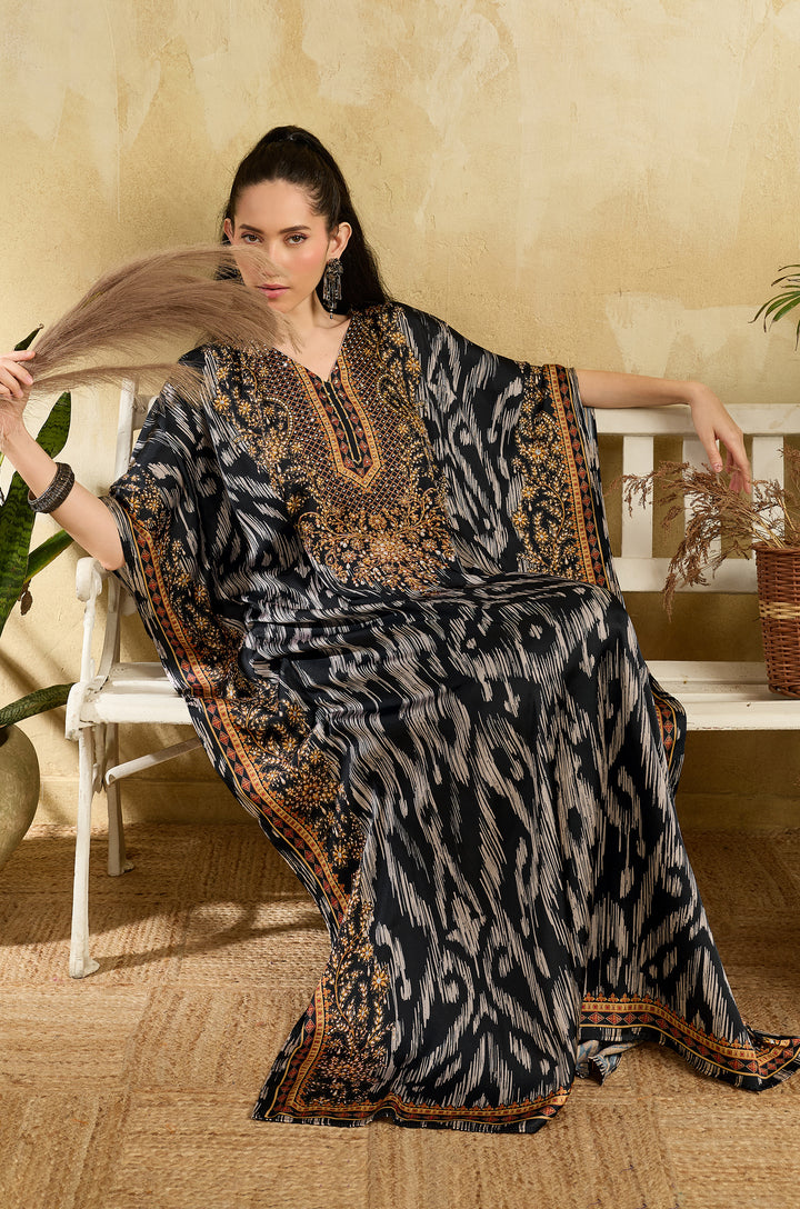 Ikat Raga Soft Satin Women Kaftan Dress with Rhinestone | Digital Print