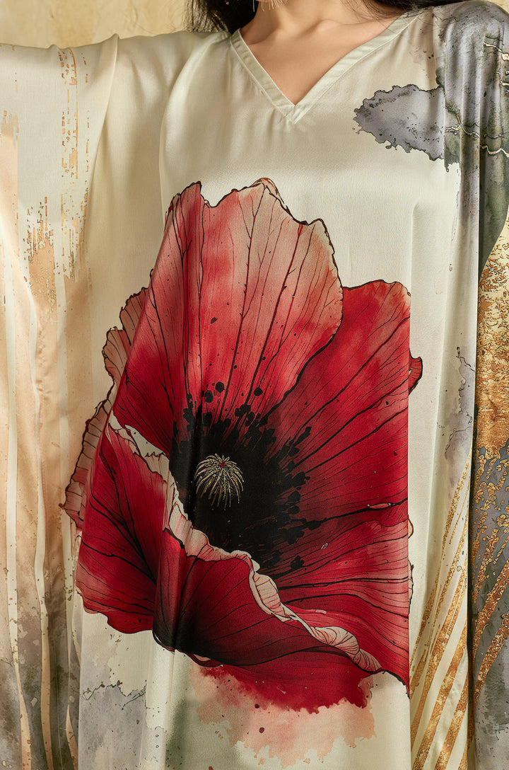 Poppy Bloom Soft Satin Long Women Kaftan Dress with Digital Print
