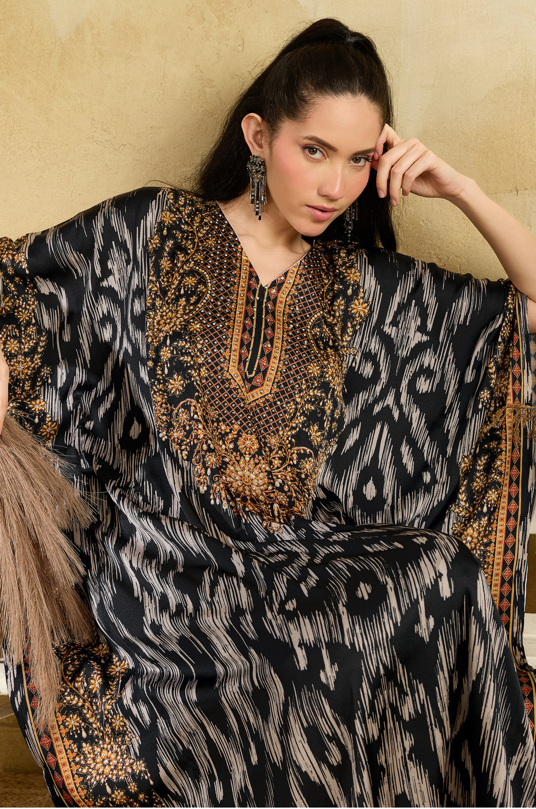 Ikat Raga Soft Satin Women Kaftan Dress with Rhinestone | Digital Print