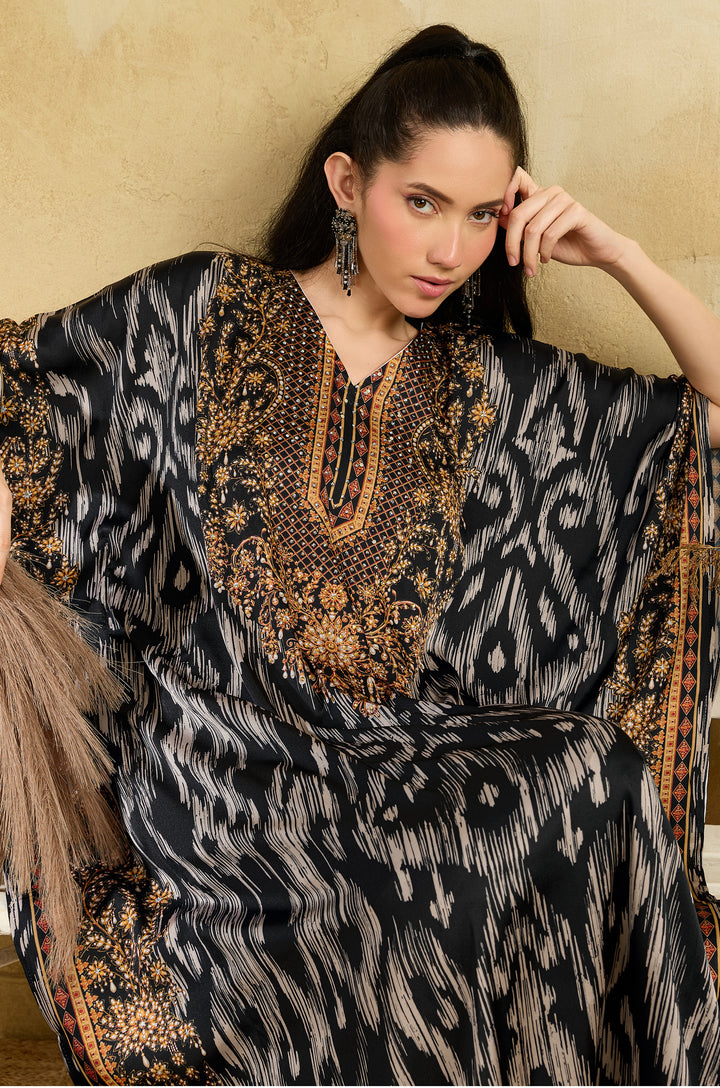 Ikat Raga Soft Satin Women Kaftan Dress with Rhinestone | Digital Print