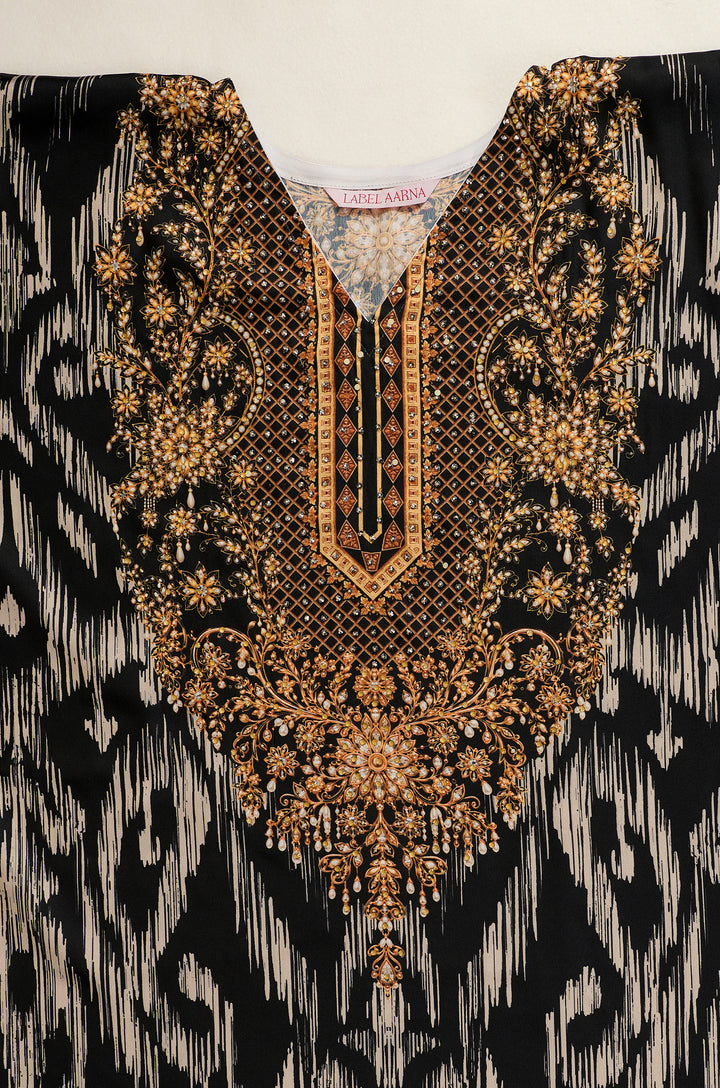 Ikat Raga Soft Satin Women Kaftan Dress with Rhinestone | Digital Print