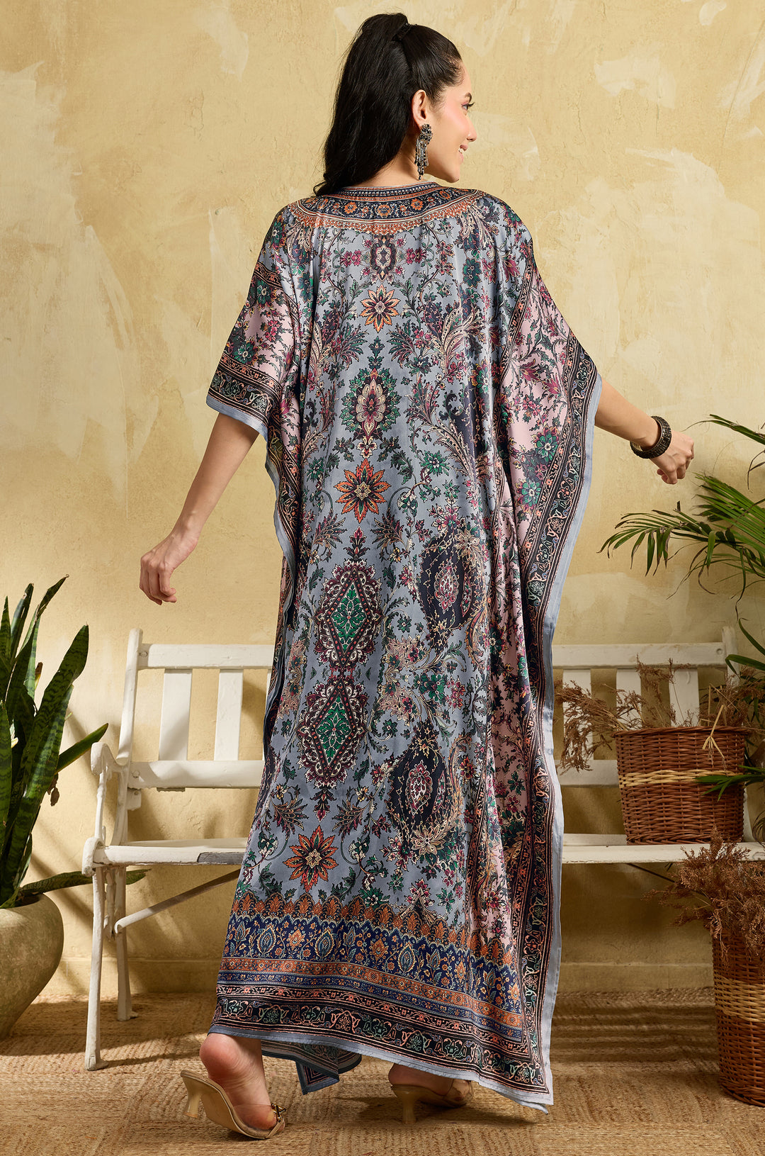Blue Heritage Soft Satin Women Kaftan Dress with Rhinestone | Digital Print