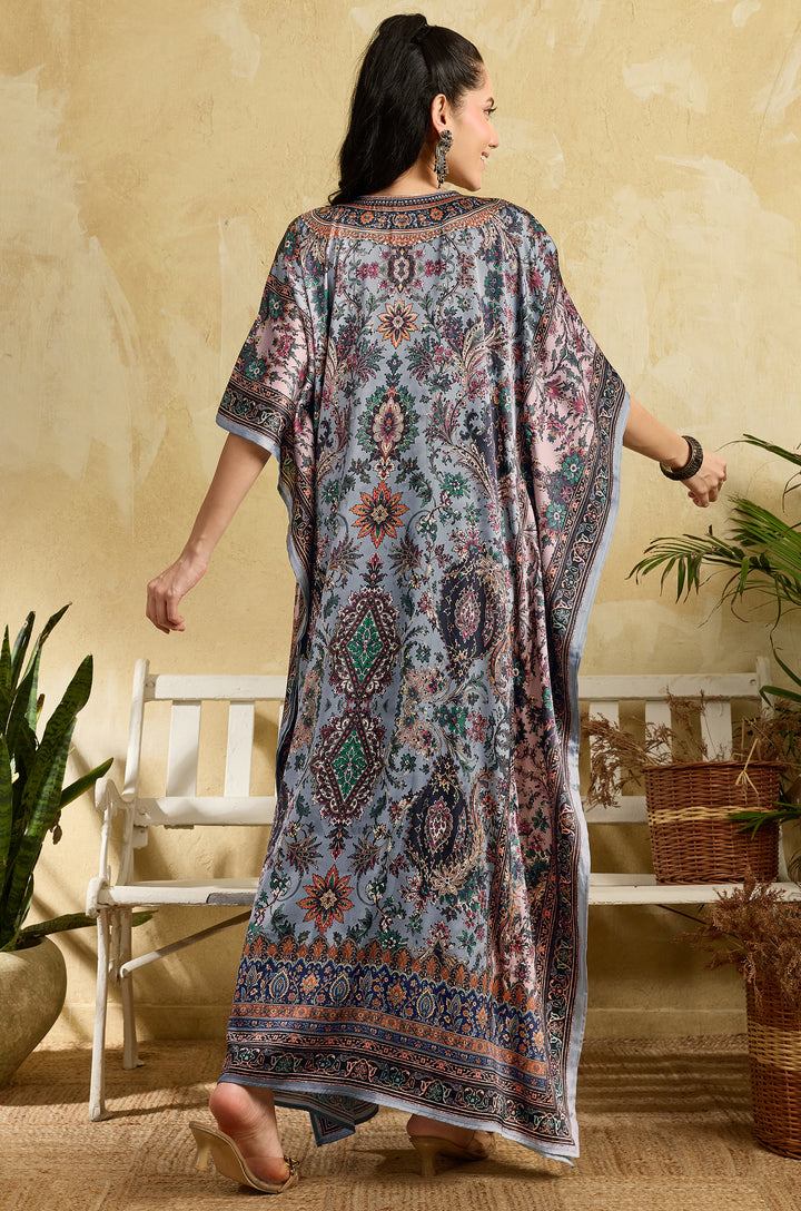 Blue Heritage Soft Satin Women Kaftan Dress with Rhinestone | Digital Print