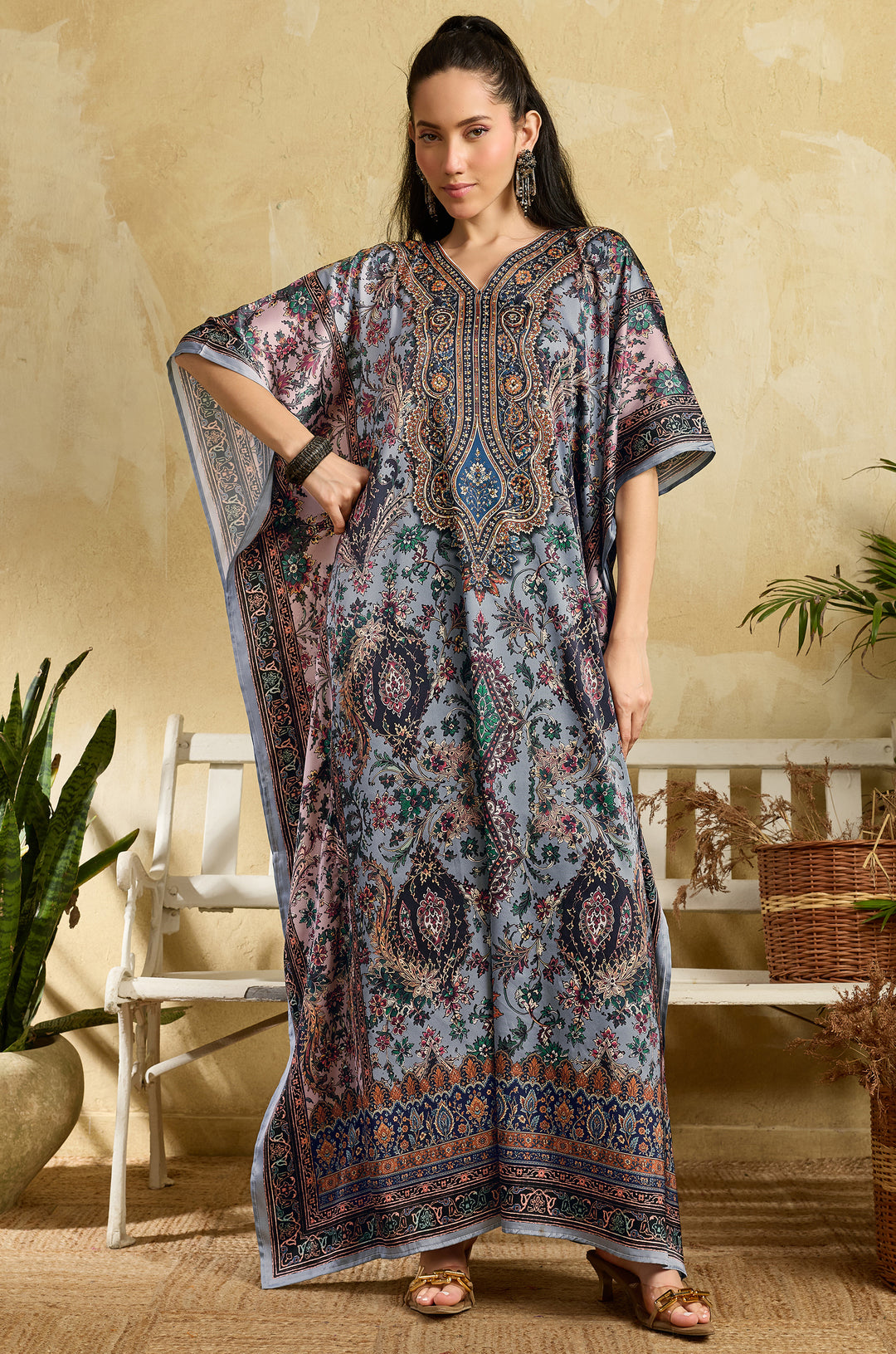Blue Heritage Soft Satin Women Kaftan Dress with Rhinestone | Digital Print