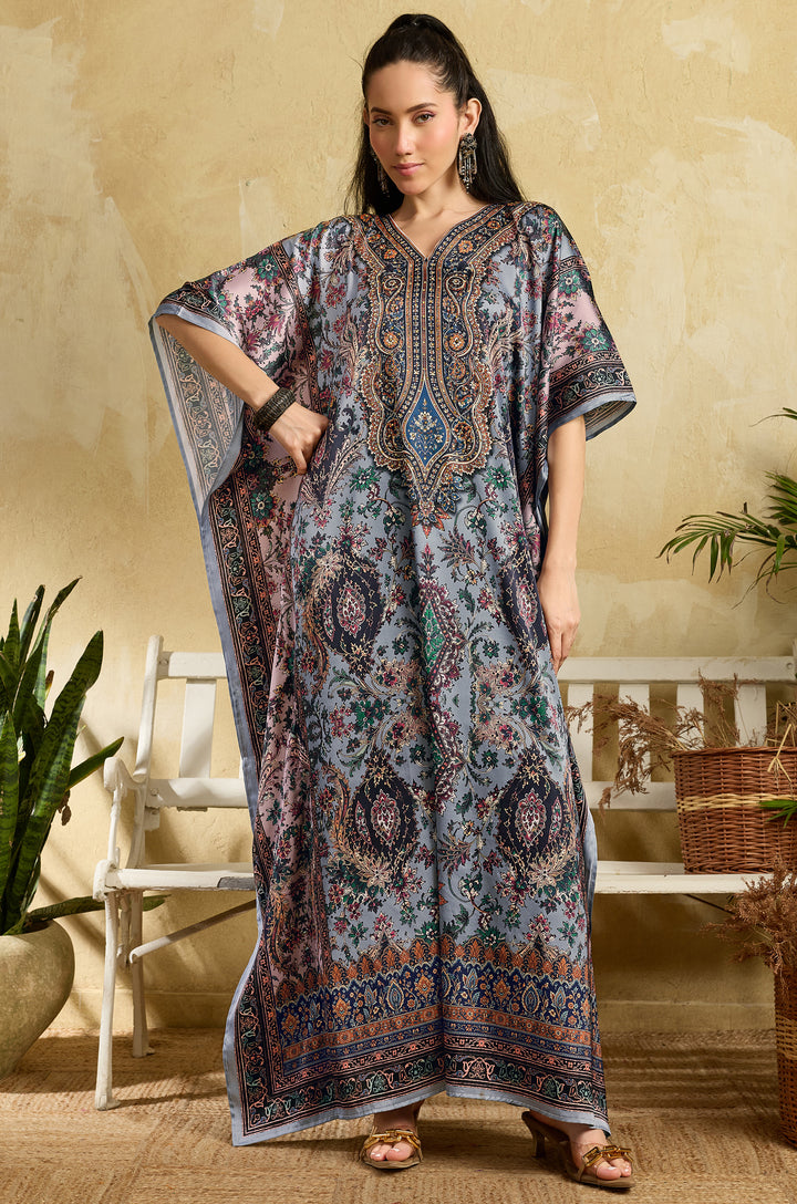 Blue Heritage Soft Satin Women Kaftan Dress with Rhinestone | Digital Print