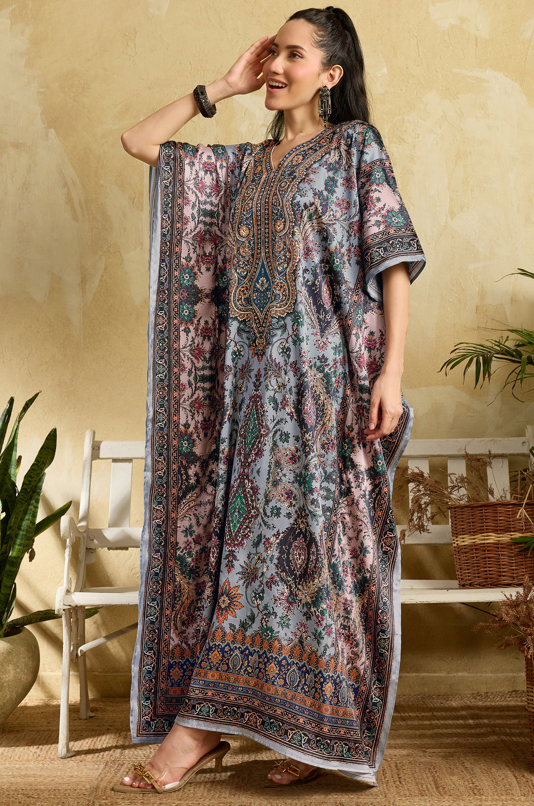Blue Heritage Soft Satin Women Kaftan Dress with Rhinestone | Digital Print