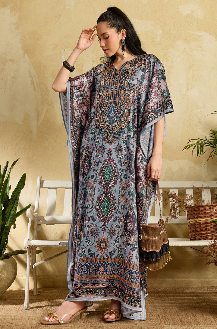Blue Heritage Soft Satin Women Kaftan Dress with Rhinestone | Digital Print