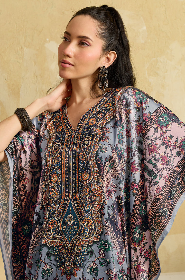 Blue Heritage Soft Satin Women Kaftan Dress with Rhinestone | Digital Print