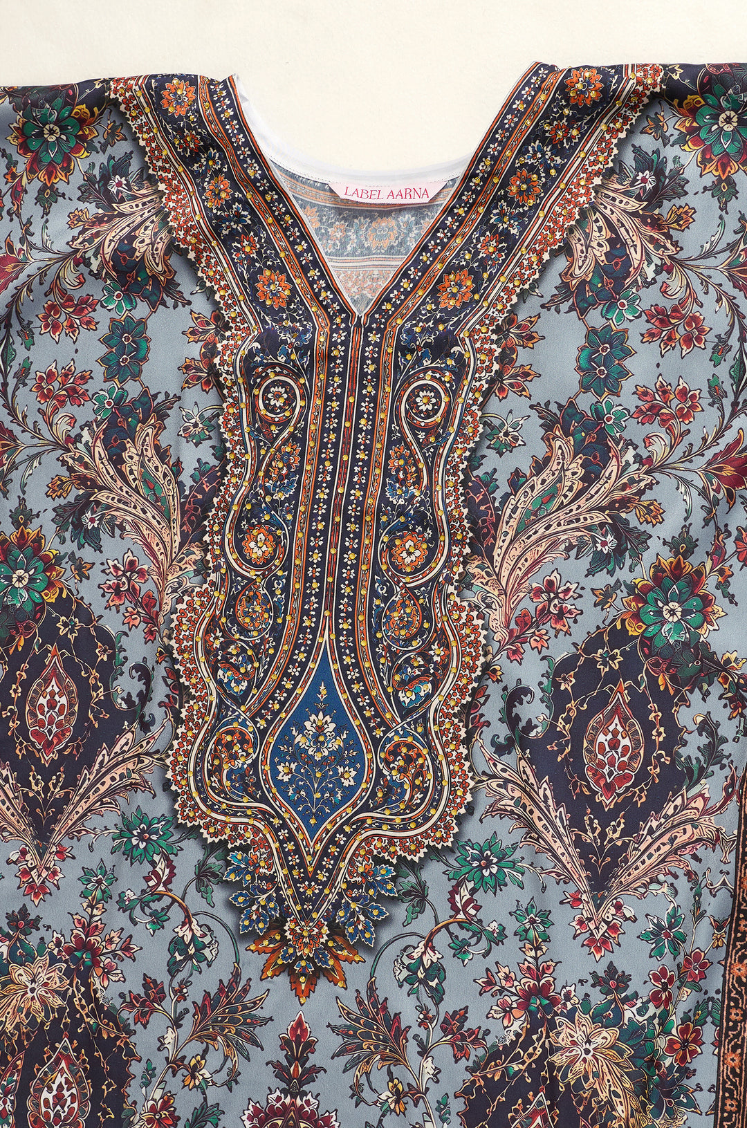 Blue Heritage Soft Satin Women Kaftan Dress with Rhinestone | Digital Print