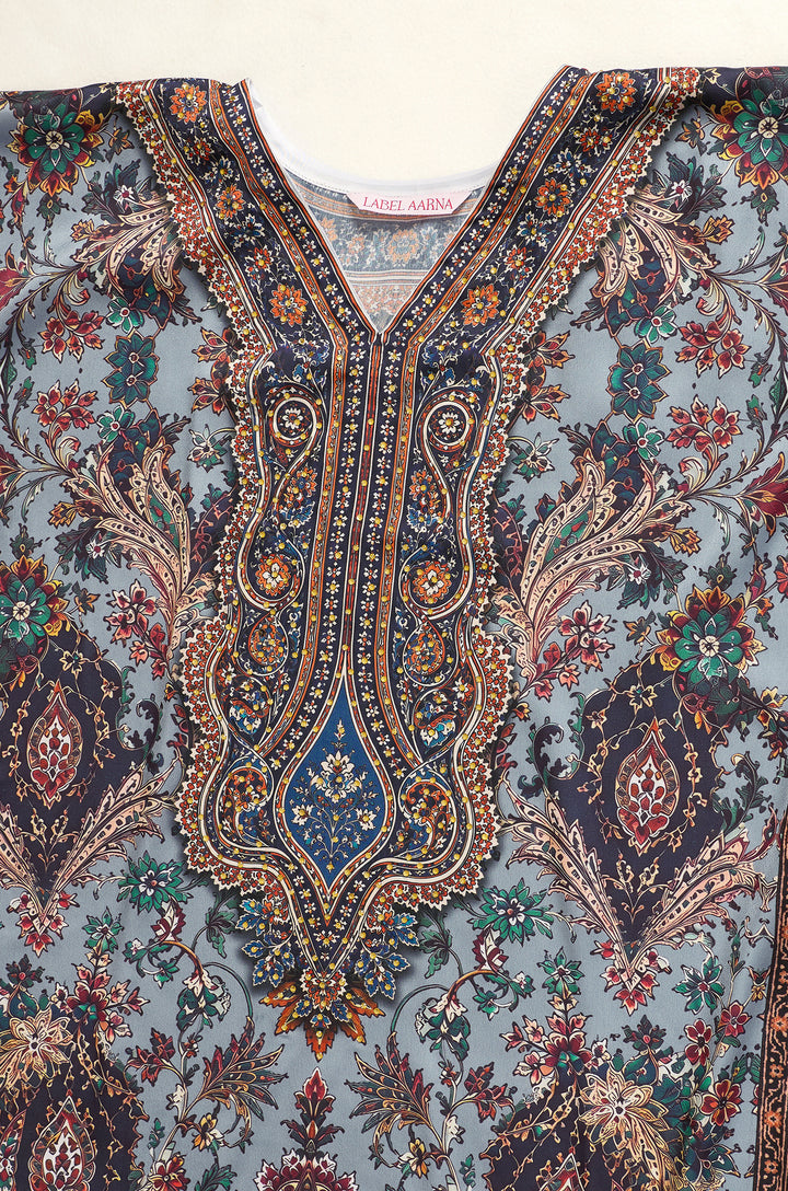 Blue Heritage Soft Satin Women Kaftan Dress with Rhinestone | Digital Print