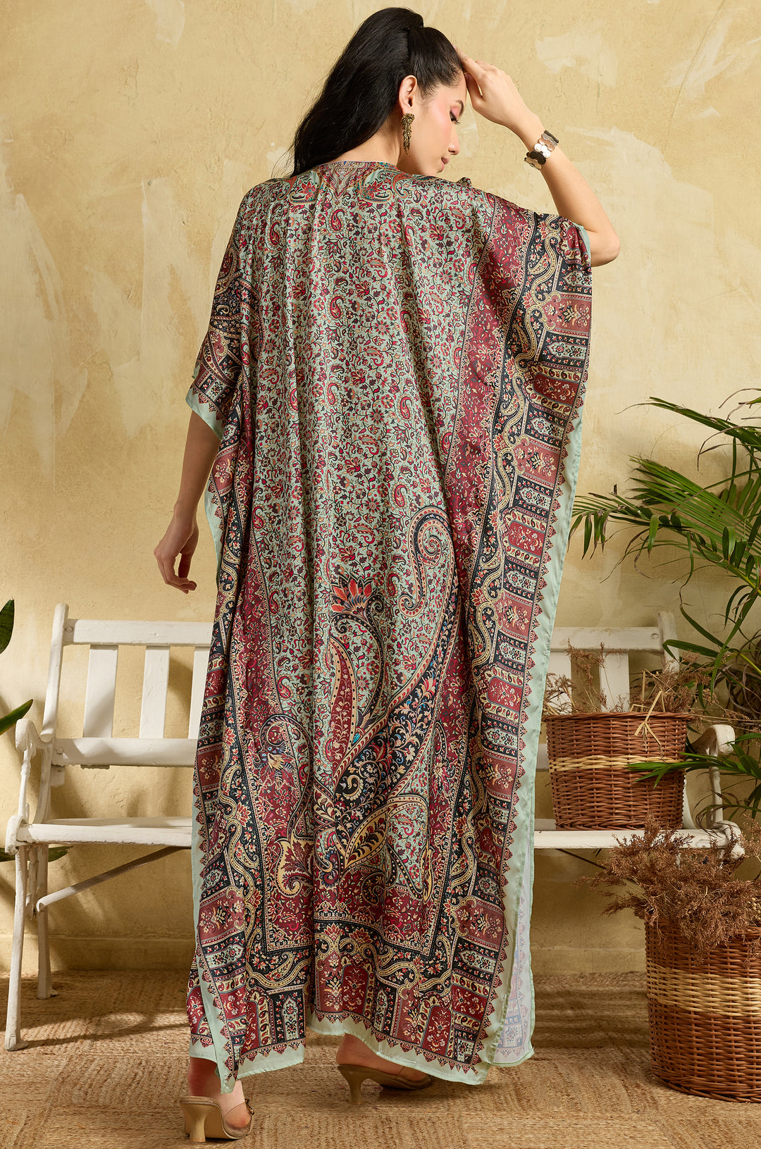 Vintage Charm Soft Satin Women Kaftan Dress with Rhinestone | Digital Print
