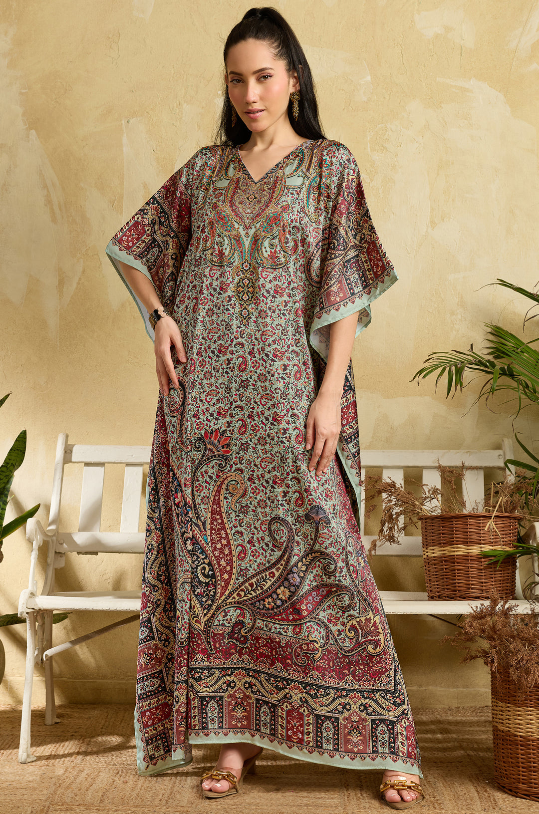 Vintage Charm Soft Satin Women Kaftan Dress with Rhinestone | Digital Print