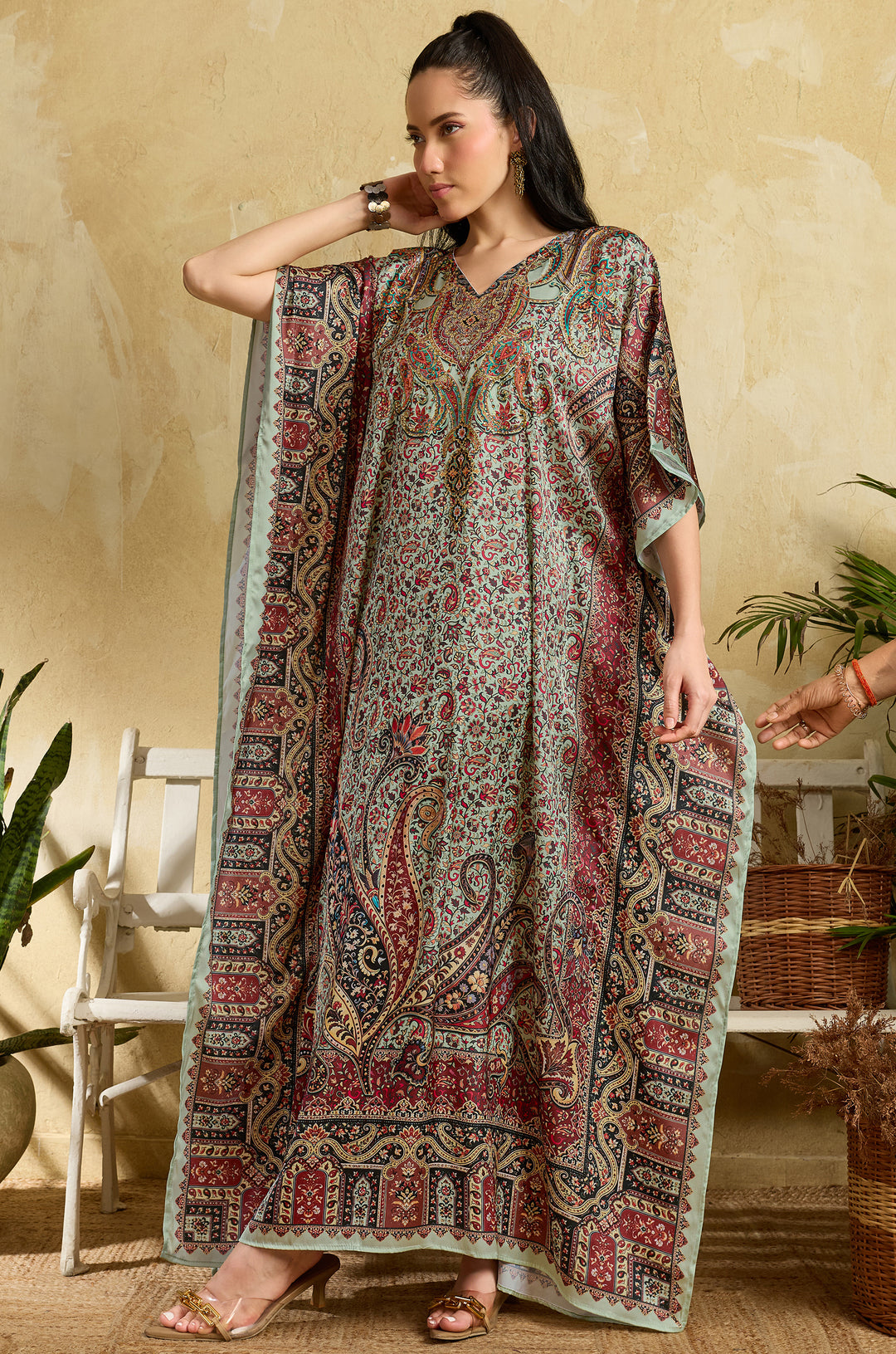 Vintage Charm Soft Satin Women Kaftan Dress with Rhinestone | Digital Print