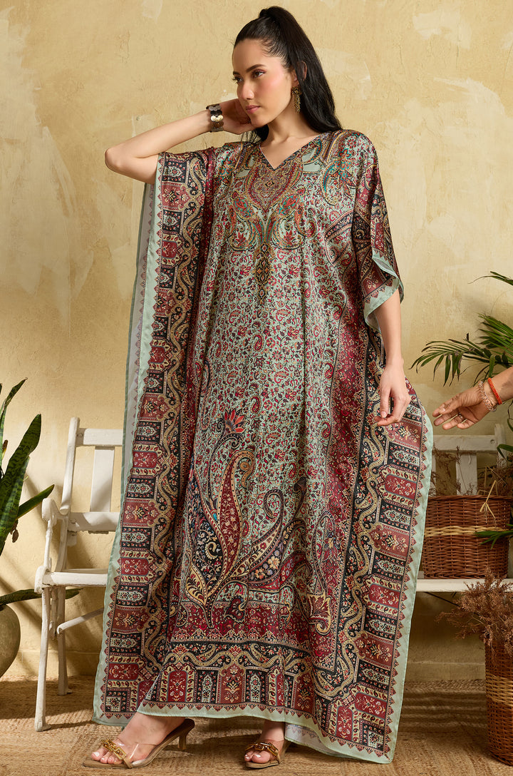 Vintage Charm Soft Satin Women Kaftan Dress with Rhinestone | Digital Print