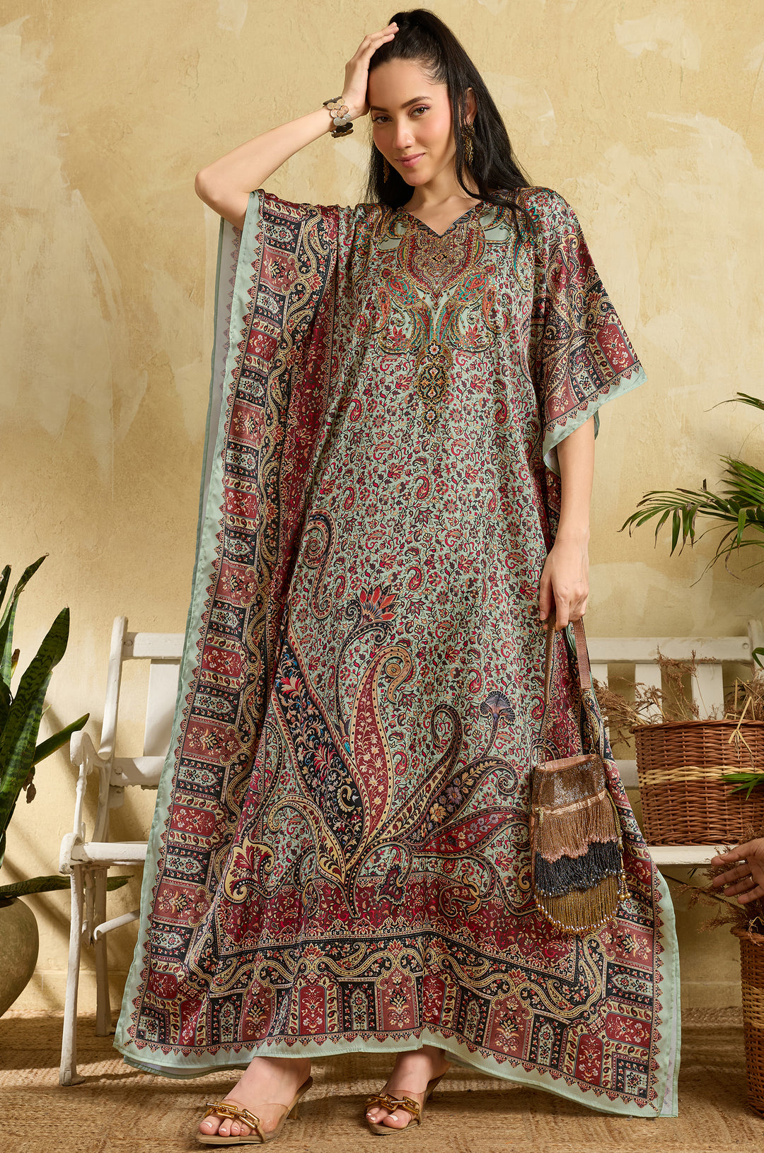 Vintage Charm Soft Satin Women Kaftan Dress with Rhinestone | Digital Print