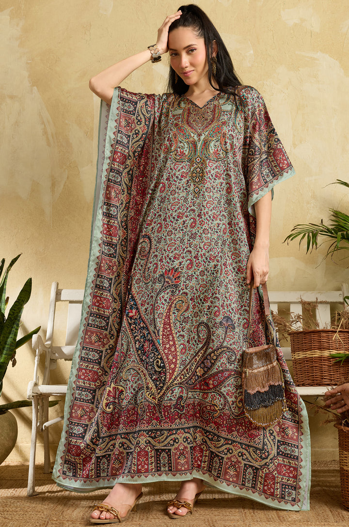 Vintage Charm Soft Satin Women Kaftan Dress with Rhinestone | Digital Print