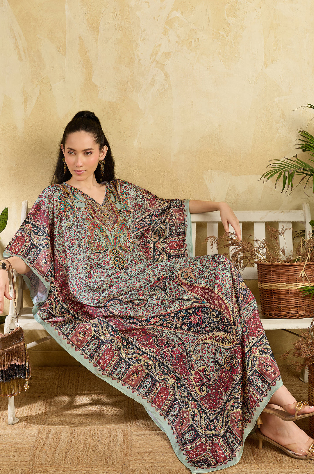 Vintage Charm Soft Satin Women Kaftan Dress with Rhinestone | Digital Print