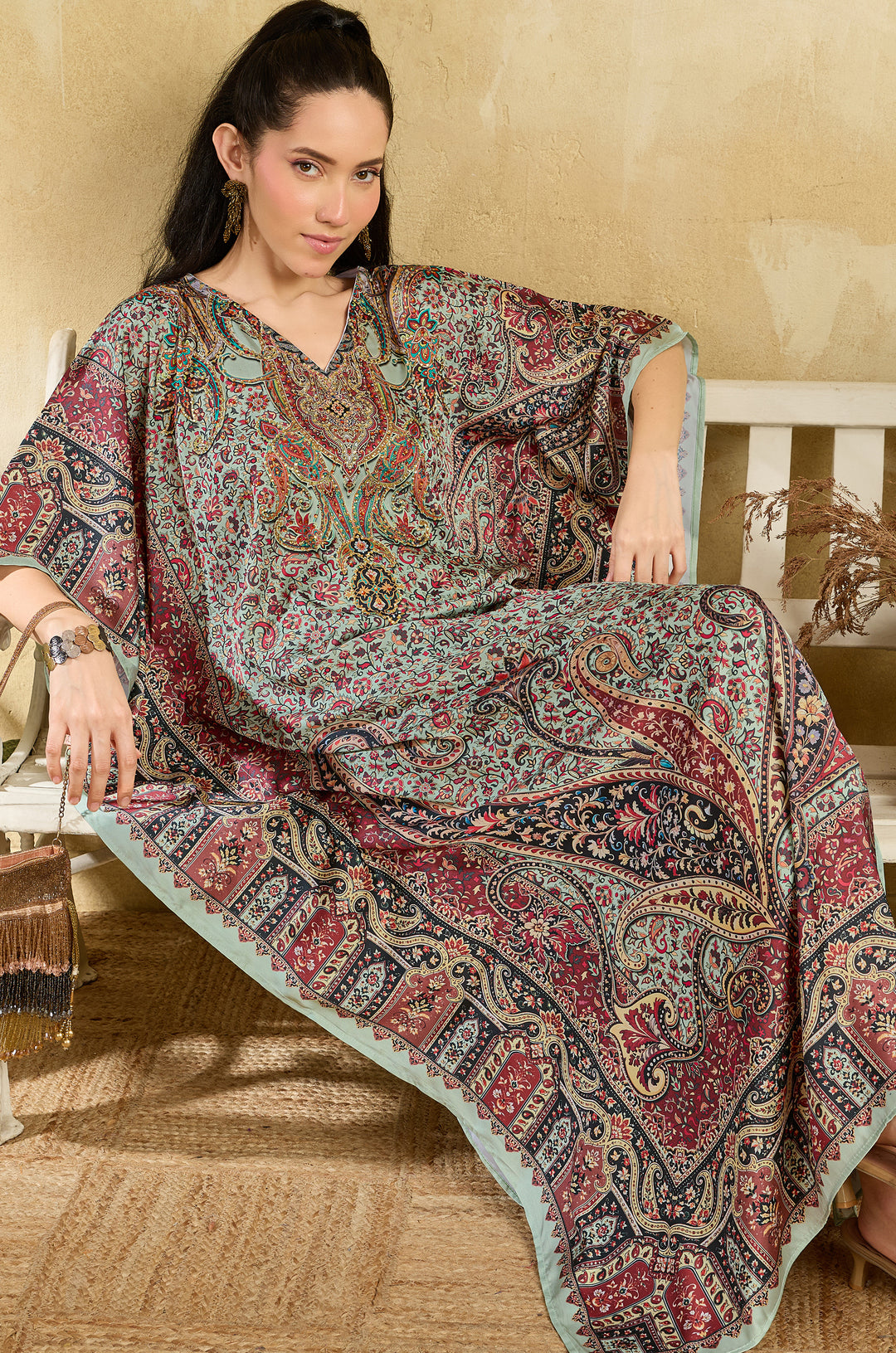 Vintage Charm Soft Satin Women Kaftan Dress with Rhinestone | Digital Print