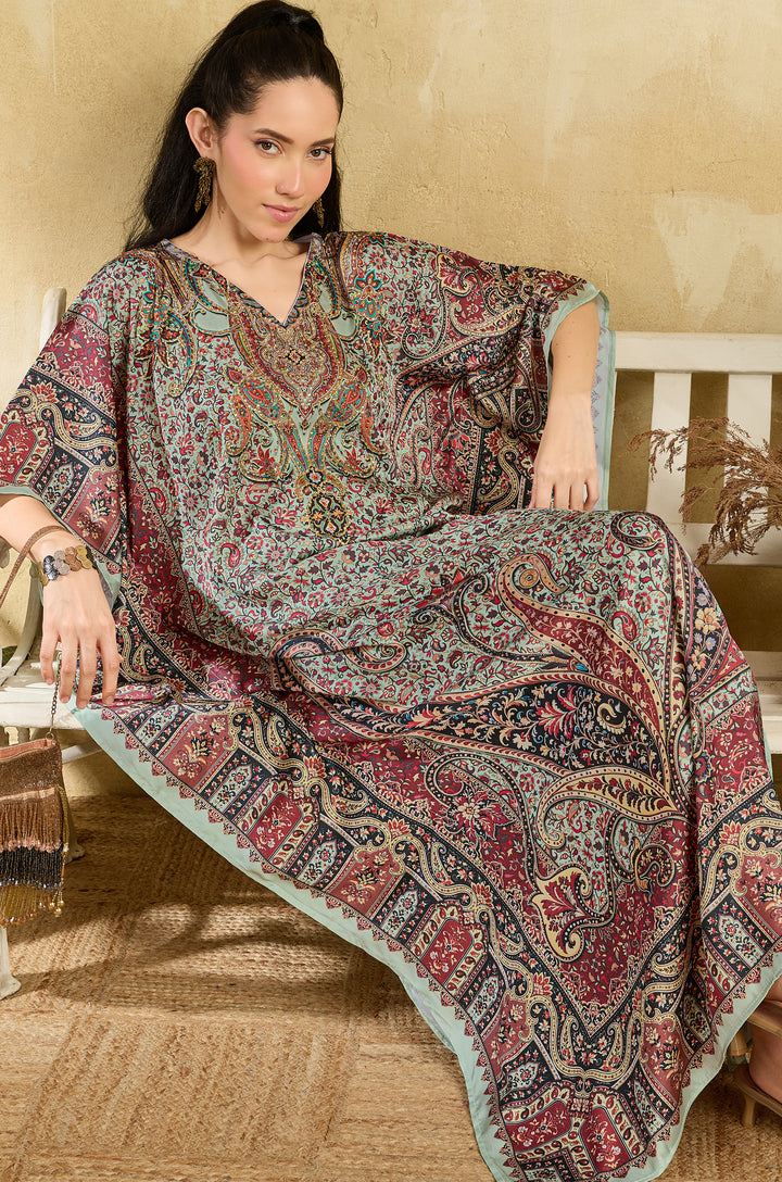 Vintage Charm Soft Satin Women Kaftan Dress with Rhinestone | Digital Print