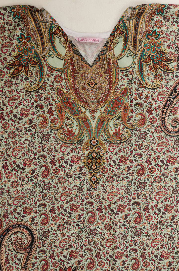 Vintage Charm Soft Satin Women Kaftan Dress with Rhinestone | Digital Print