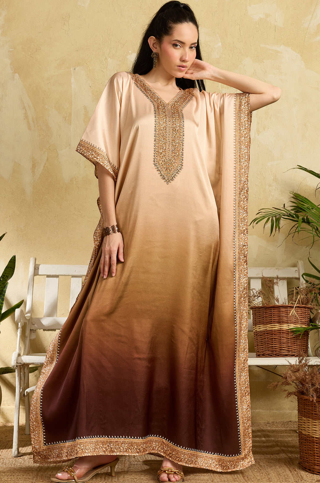 Bronze Dusk Soft Satin Women Kaftan Dress with Rhinestone | Digital Print