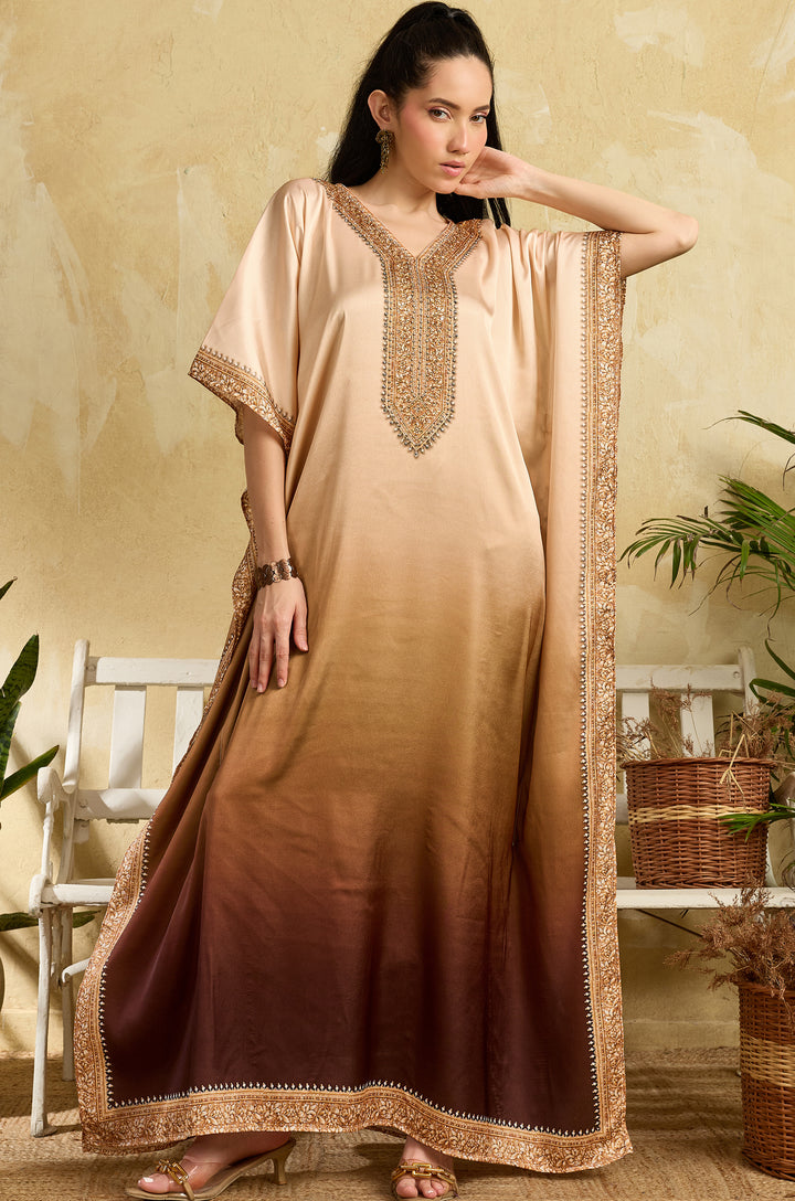 Bronze Dusk Soft Satin Women Kaftan Dress with Rhinestone | Digital Print