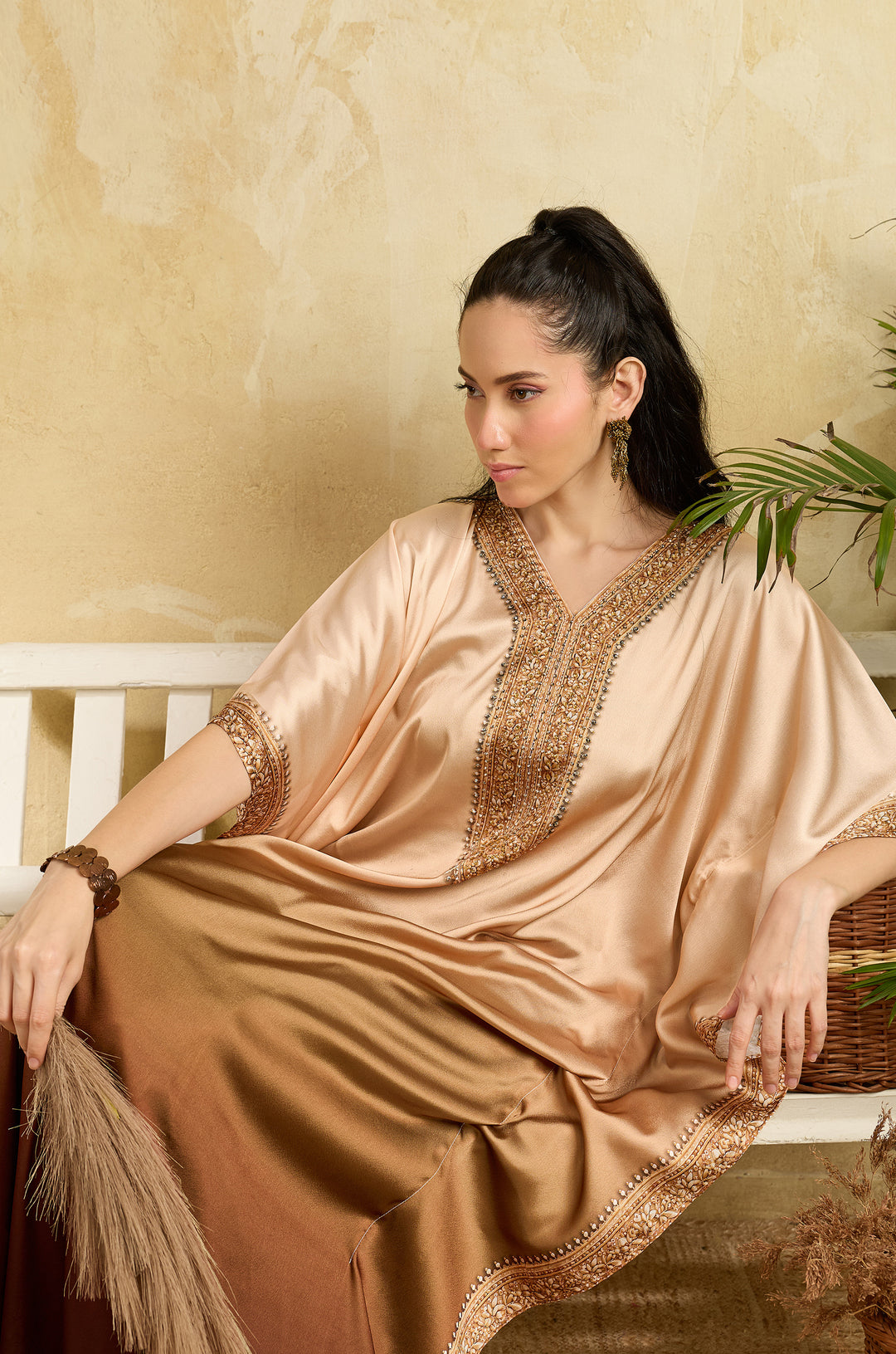 Bronze Dusk Soft Satin Women Kaftan Dress with Rhinestone | Digital Print