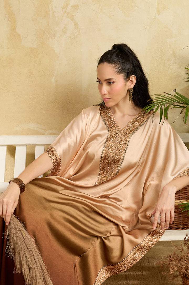 Bronze Dusk Soft Satin Women Kaftan Dress with Rhinestone | Digital Print
