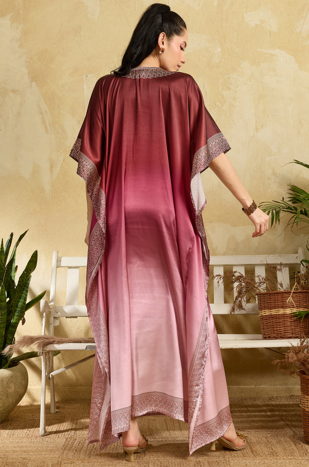 Magenta Blush Soft Satin Women Kaftan Dress with Rhinestone | Digital Print