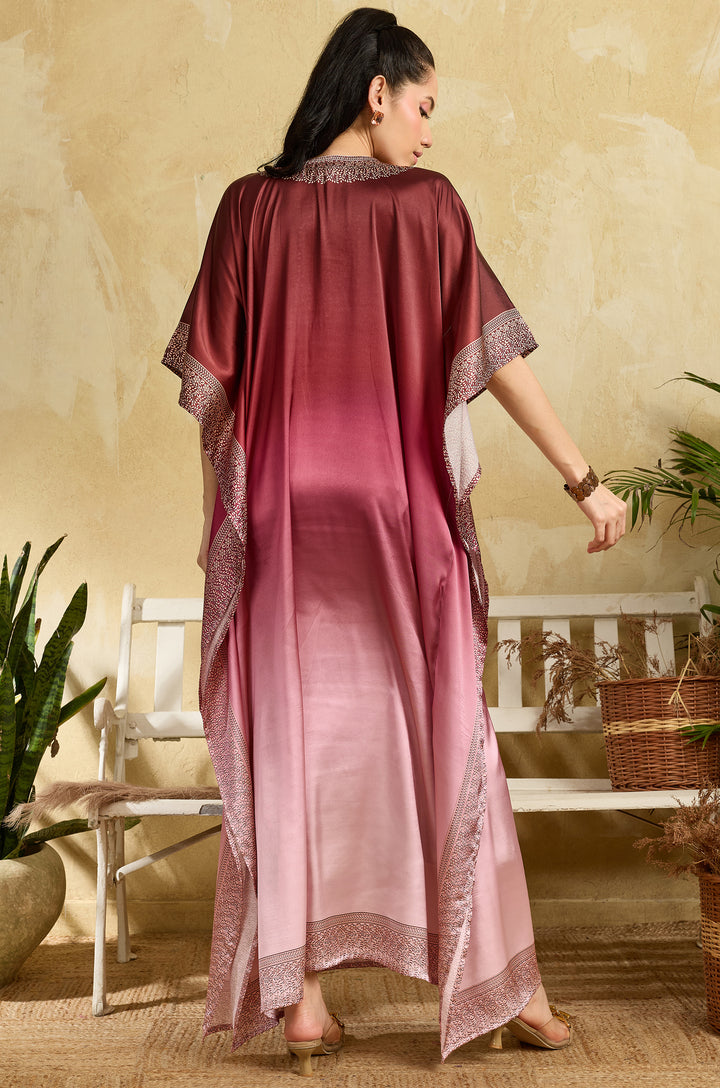 Magenta Blush Soft Satin Women Kaftan Dress with Rhinestone | Digital Print