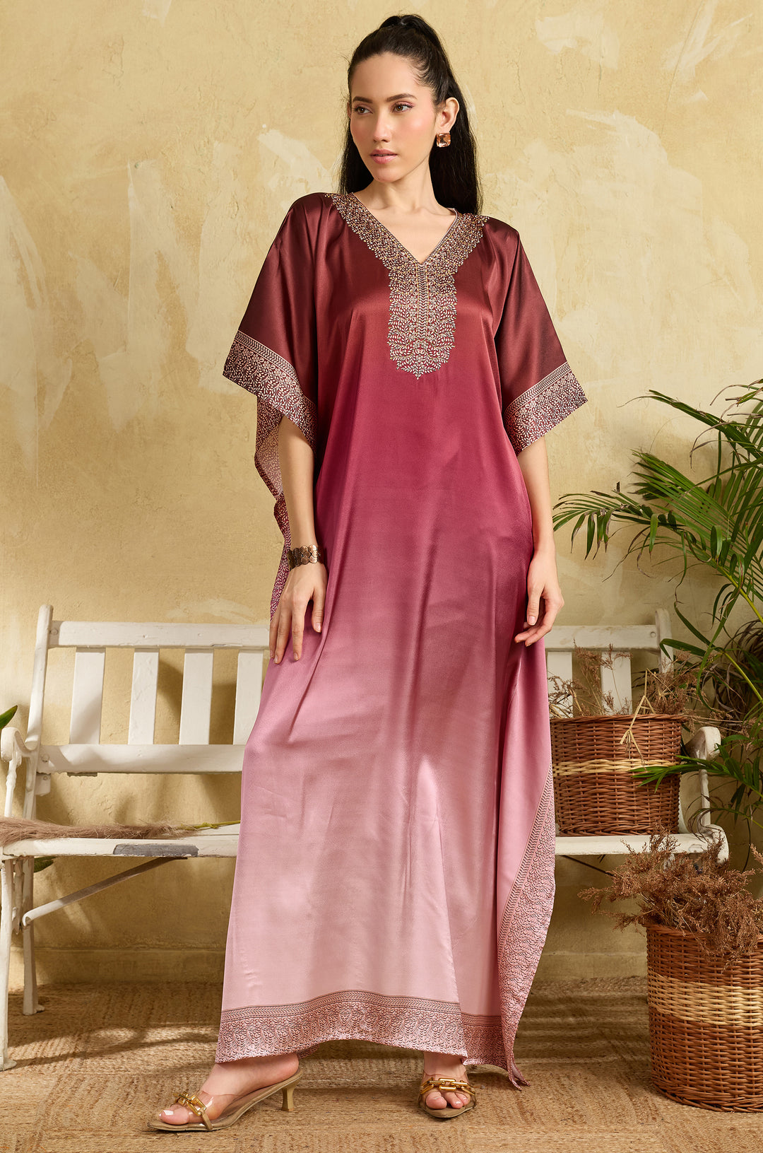 Magenta Blush Soft Satin Women Kaftan Dress with Rhinestone | Digital Print