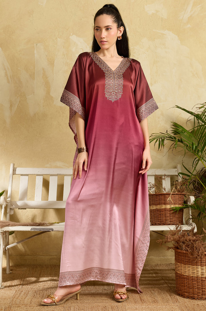 Magenta Blush Soft Satin Women Kaftan Dress with Rhinestone | Digital Print