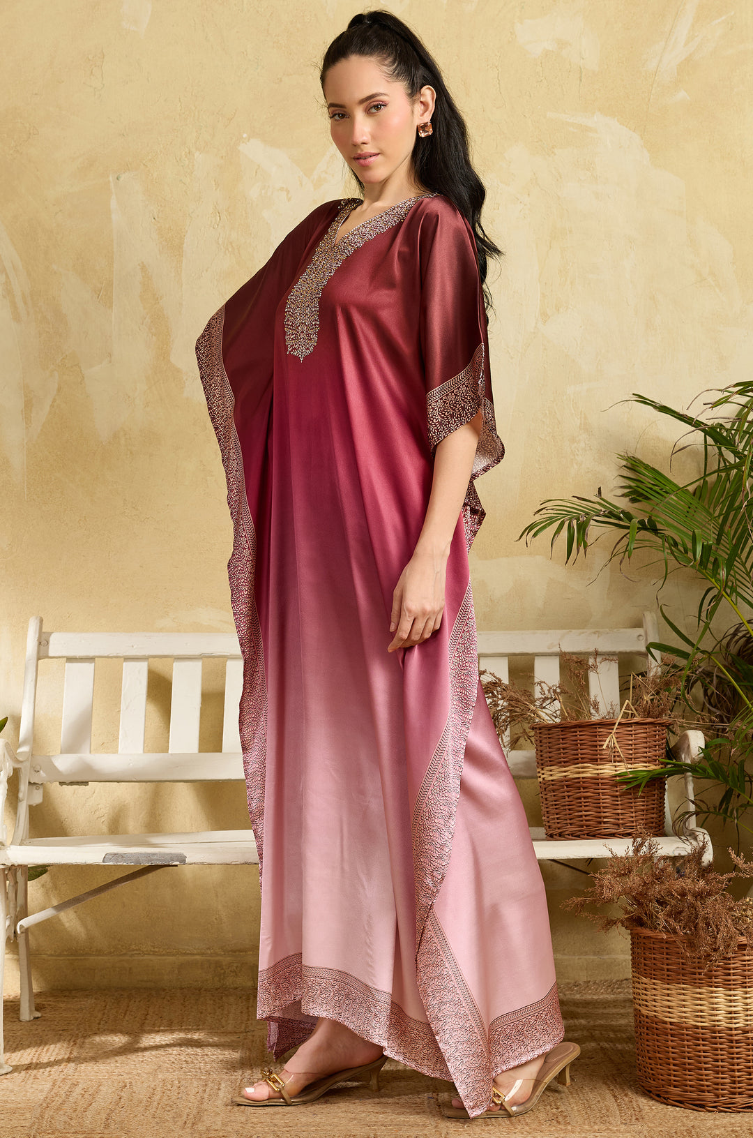 Magenta Blush Soft Satin Women Kaftan Dress with Rhinestone | Digital Print