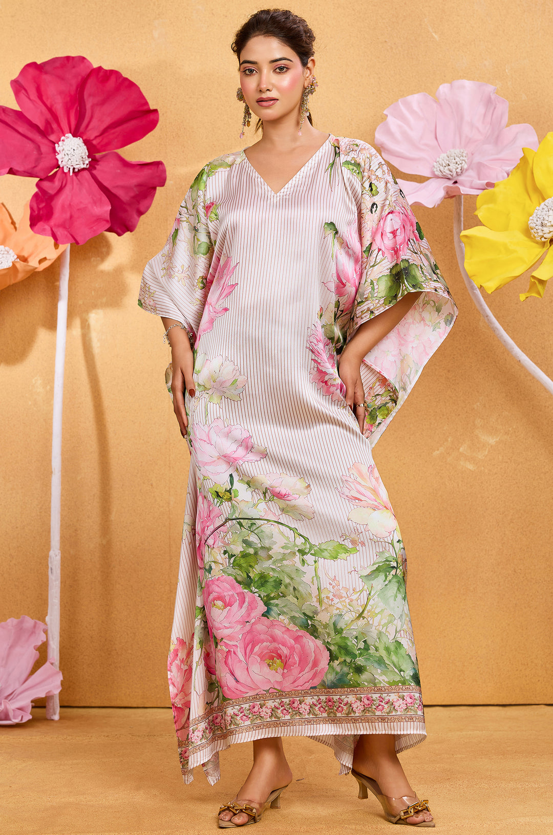 Floral Valley Long Satin Kaftan Dress - Buy Women Kaftan Online India | Label Aarna