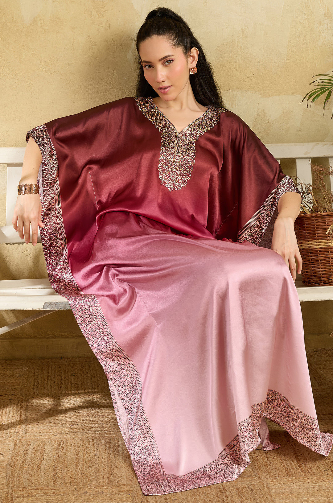 Magenta Blush Soft Satin Women Kaftan Dress with Rhinestone | Digital Print