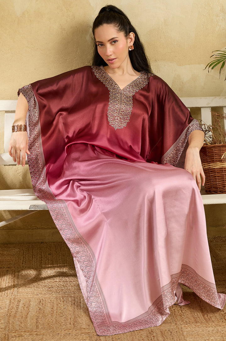 Magenta Blush Soft Satin Women Kaftan Dress with Rhinestone | Digital Print