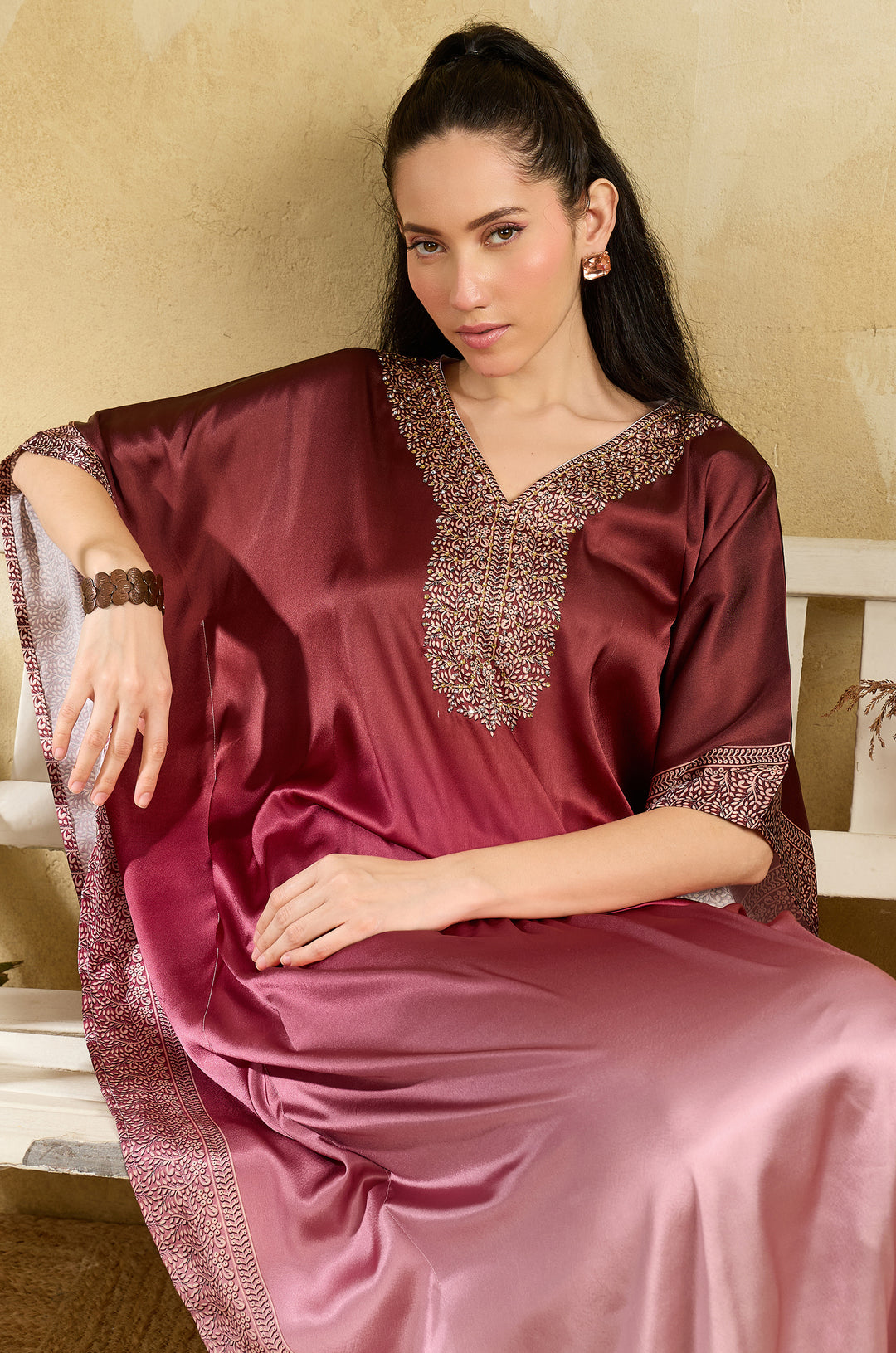 Magenta Blush Soft Satin Women Kaftan Dress with Rhinestone | Digital Print